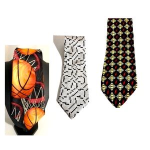 Novelty Vintage Necktie Bundle of Three Crossword Puzzle, Tabasco and Basketball